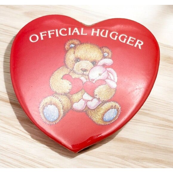 Vintage Official Hugger Heart Button Teddy Bear Pin Valentines Day Pinback - Picture 1 of 5